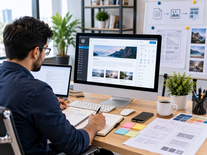 Website design workspace with wireframes