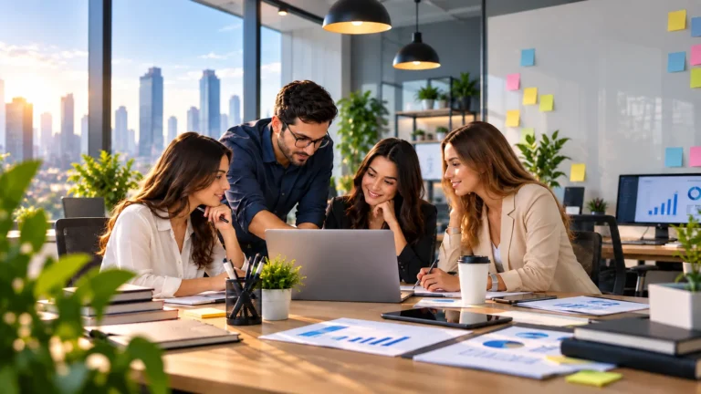 Marketing team collaborating on business strategy at office