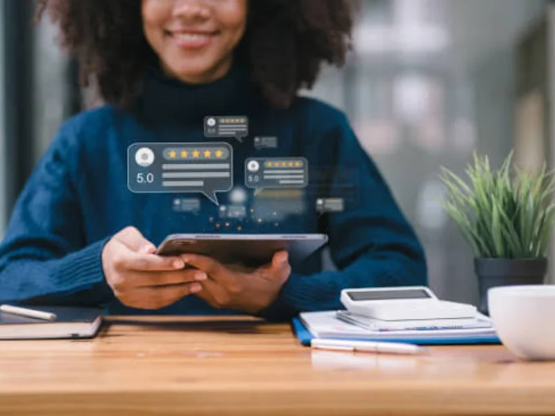Customer checking online reviews and ratings before choosing a business