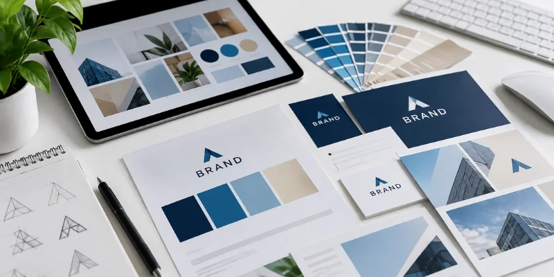 Graphic design brand identity with colour palettes and mockups.