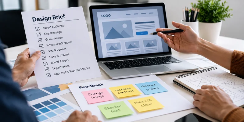 Graphic design brief with website mockup and feedback notes.